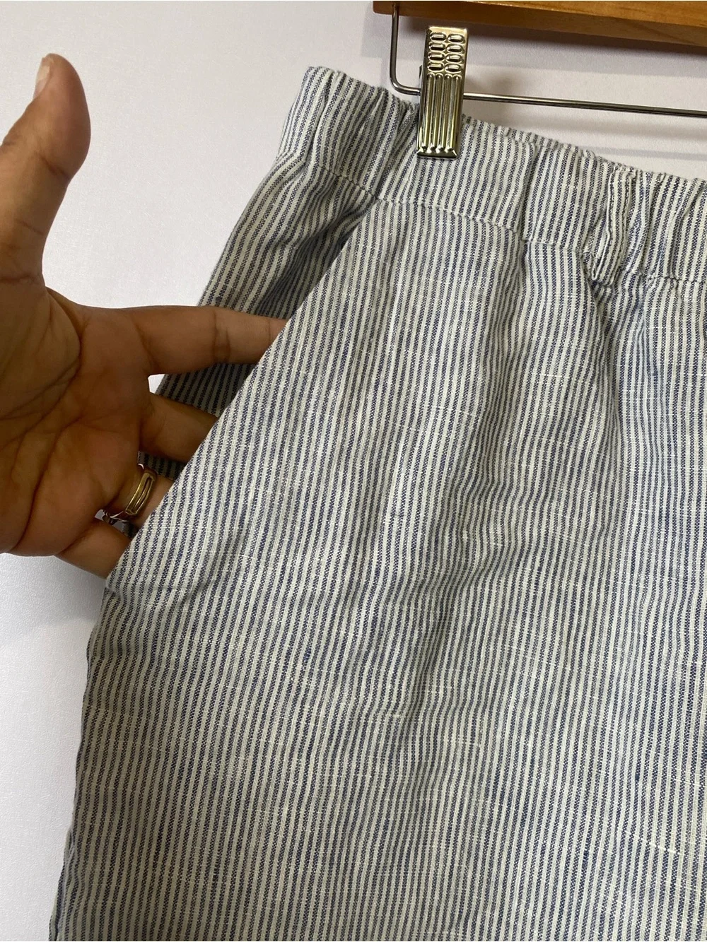 Quince 100% European Linen Pants Blue Pinstripe Large Breathable Lightweight NWT